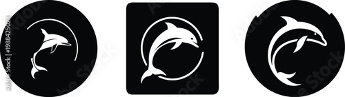Triple Set of Dolphin Branding Marks in Circular and Square Framed Vectors, Black and White Professional Dolphin Icon Set for App and Logo Design