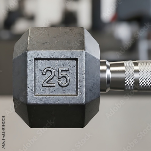 Close-up of a 25-pound dumbbell in a gym setting.