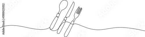 Simple sketch of a wire whisk isolated on a white background with kitchen cutlery like fork, knife, and spoon in a clean and minimal style