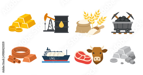 資源とコモディティを表すシンプルなフラットアイコンセット
