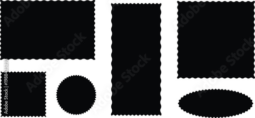 Vector set of black zig zag edge different geometric shapes. Scalloped borders, zigzag frames, sale sticker, serrated paper. Rectangle, circle, square badge with wavy edges. Jagged curved box elements