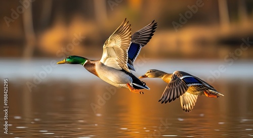 Mallard ducks in flight a dynamic wildlife moment over water