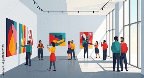 People admiring modern art paintings in a bright contemporary art gallery exhibition.