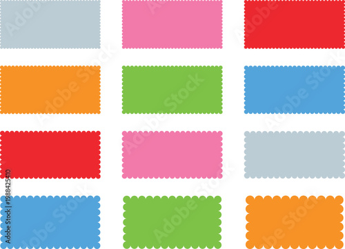 Color rectangle frames with wiggly borders. Torn paper, jagged rectangular shape box element set with zigzag edges on white background. Geometric zig zag wavy labels, curved badges, serrated stickers.