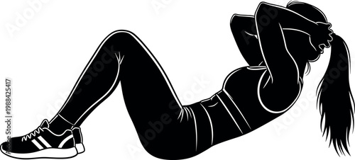Silhouette vector illustration of young athletic woman doing sit up crunches workout for female fitness health and core muscle strength