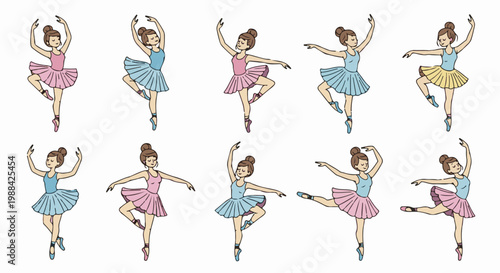 Ten animated ballerinas in pink, blue, and yellow tutus performing dance poses