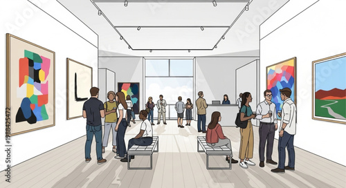 People admiring modern art paintings in a bright contemporary gallery exhibition.