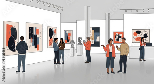 People admiring modern art paintings in a bright contemporary gallery exhibition hall.