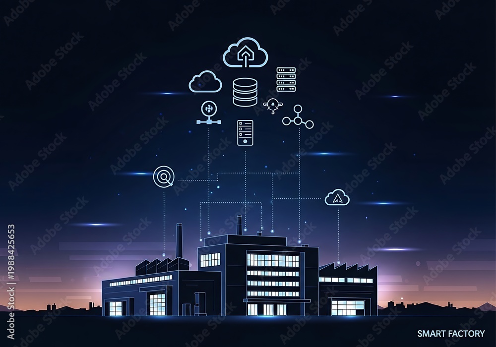 Obraz premium Smart Factory Night Scene with Connected Cloud Icons and Data Streams