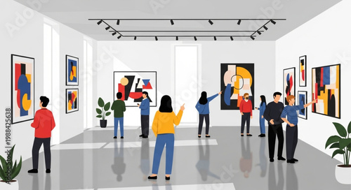 People admiring modern art paintings in a bright gallery exhibition.