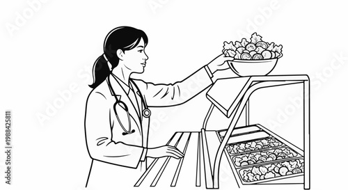 A medical professional presents a salad bowl, above a buffet