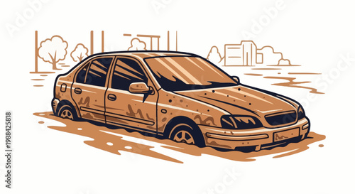 A muddy sedan is stuck in water with buildings and trees in the background