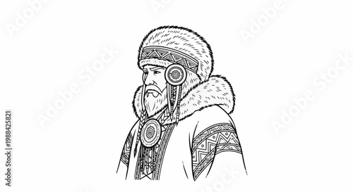 Stylized ink drawing of a stern-faced man in traditional fur-lined attire