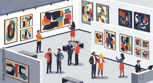 People admiring modern art paintings in a bright gallery exhibition.