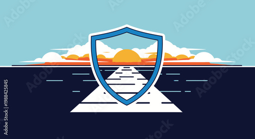 Shield Icon Amidst Scenic Sunset Road, Representing Protection and Journey's End