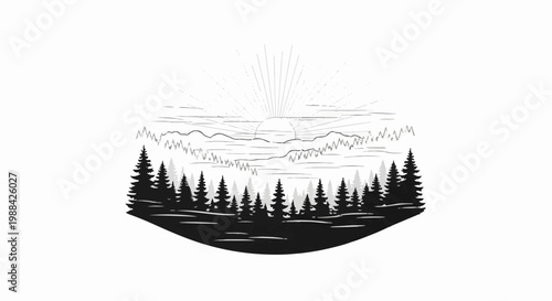 Stylized sunburst over silhouetted forest and mountains
