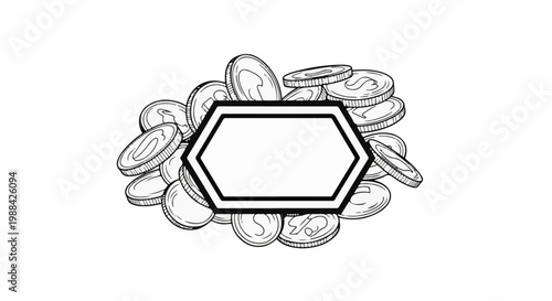 A pile of coins forms a circle around a hexagonal frame for text