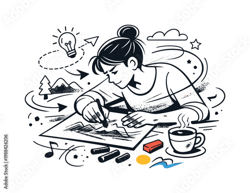 Drawing on paper with charcoal. Artist sketching with charcoal on paper, hands slightly smudged, focused