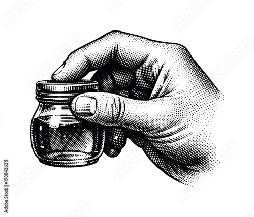 A human hand holding a small honey jar by the neck, focusing on grip and glass curvature, rendered in high