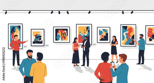 People admiring modern art paintings in a gallery exhibition.