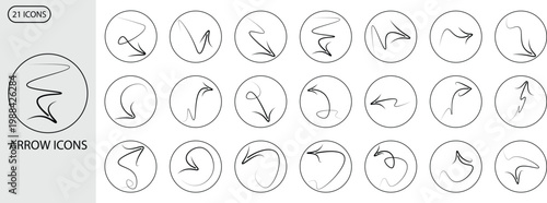21 Arrows icons set. Line arrows. Vector arrows of various shapes and directions. Vektor