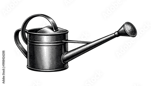 A simple watering can with a long spout, shown from a side angle, depicted in black and white halftone