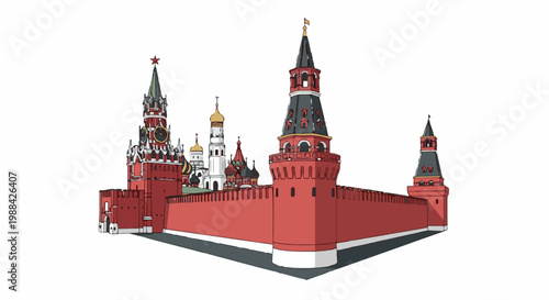 Stylized illustration of a fortified red wall with multiple towers and spires