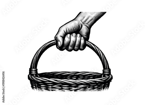 A human hand lifting a basket by its curved handle, focusing on grip and weight tension, rendered in high