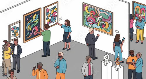 People Admiring Modern Art Paintings in a Gallery Exhibition.