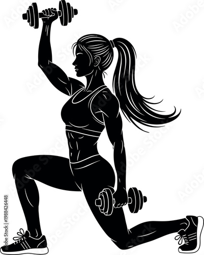 Vector silhouette illustration of an athletic woman doing dumbbell lunges and shoulder press exercise for fitness and strength training workout.