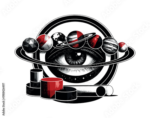 surreal black and white window opening into a vast galaxy, swirling stars and nebula visible through the frame