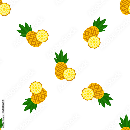 Repeating pattern of whole and sliced pineapples with green leaves