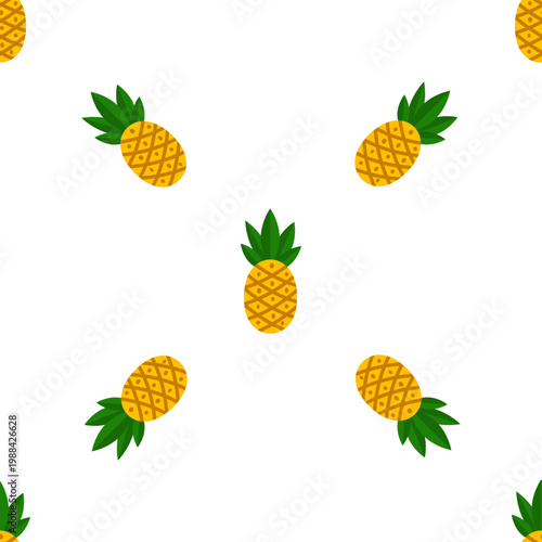 Seamless pattern of fresh pineapples with green leaves on transparent background