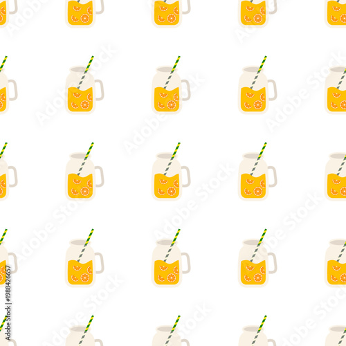 Seamless pattern of yellow drinks in mason jars with striped straws isolated on transparent background