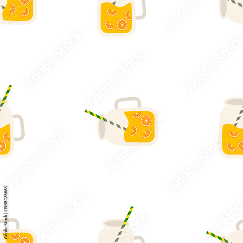 Seamless pattern of fresh orange juice in mason jars with striped straws isolated on a transparent background