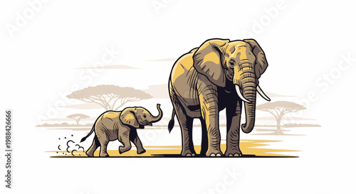 A large elephant and its calf walk across a dusty savanna with acacia trees