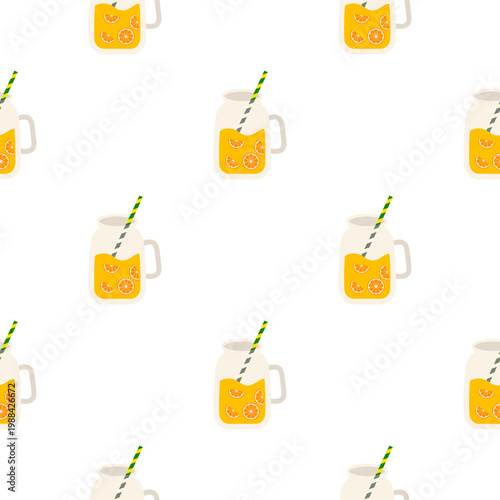 Seamless pattern of iced orange juice in mason jars with straws isolated on transparent background