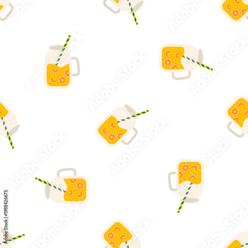 Pattern of fresh orange juice in mason jars with straws on a transparent background