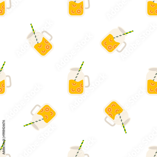 Seamless pattern of refreshing citrus drinks in mason jars with striped straws on a transparent background