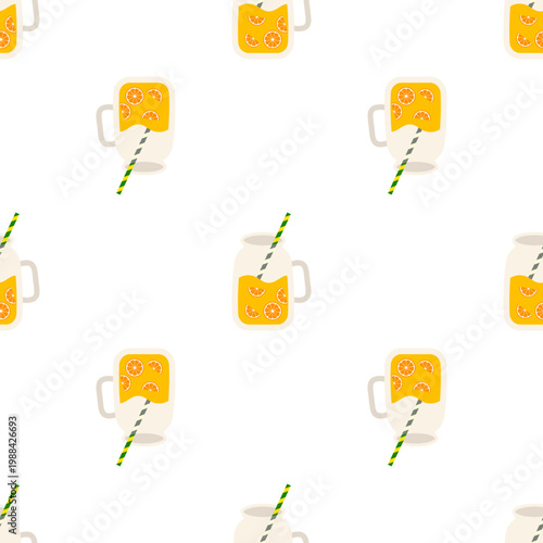 Refreshing orange juice in mason jars with striped straws isolated on transparent background