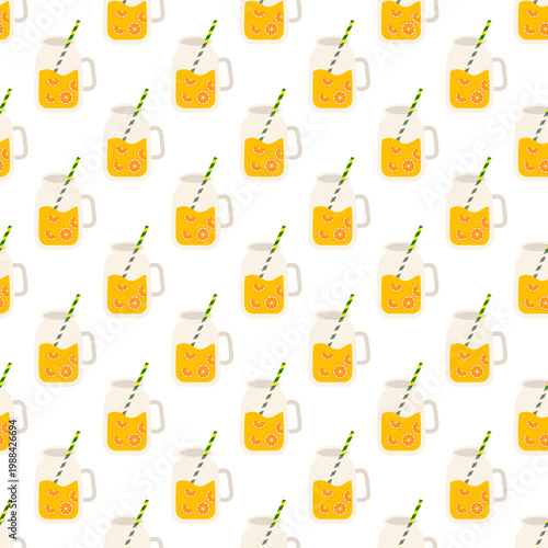 Seamless pattern of refreshing yellow drinks in mason jars with straws, isolated on transparent background
