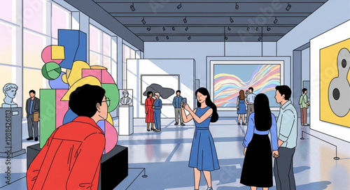 People admiring modern art sculptures and paintings in a bright museum gallery.