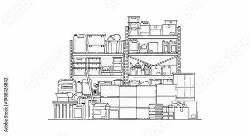 Stacked storage units filled with various containers, boxes, and cleaning supplies