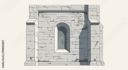 Ornate stone tower with arched window, casting shadows