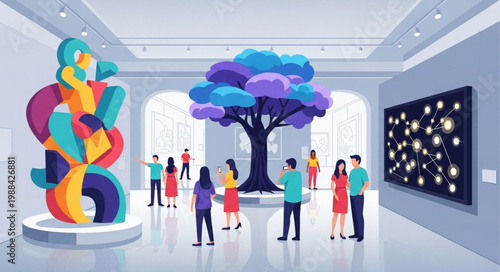 People admiring modern art sculptures and paintings in a bright museum gallery.