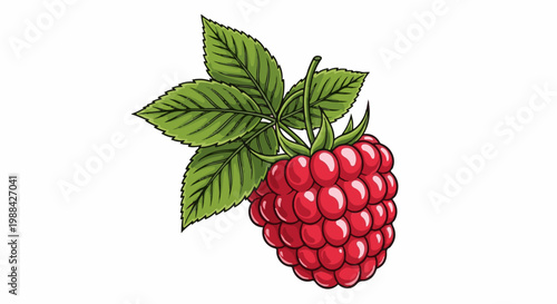 A single ripe raspberry with green leaves, rendered in illustration style