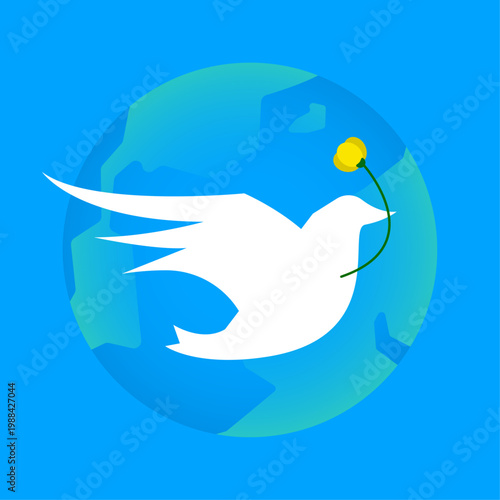 White dove holding yellow flower in its beak flying over planet Earth. world peace, global unity, harmony, hope. minimal vector illustration. international cooperation, freedom, peaceful future