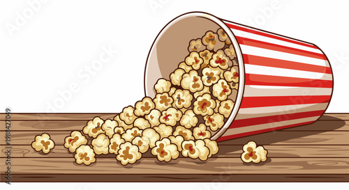 A striped bucket spills popcorn onto a wooden surface