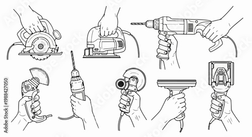 Line art illustrations of hands holding various power tools for construction work