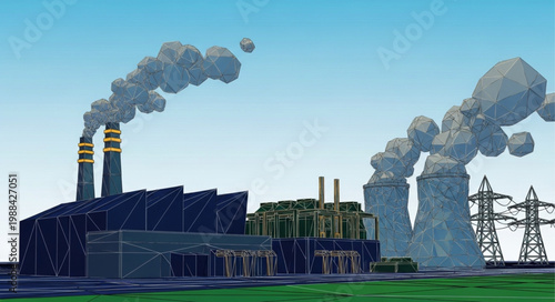 Industrial power plant with smoke stacks and cooling towers emitting steam.
